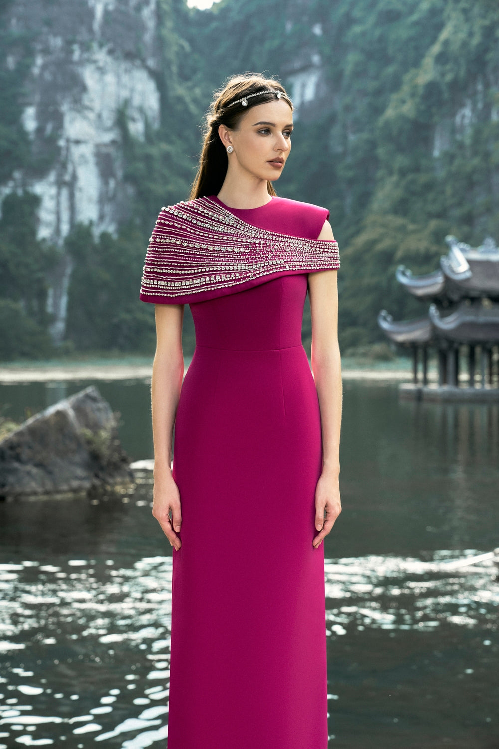 Stone Embellished Asymmetric Cape Straight Dress Set - TRACY COUTURE